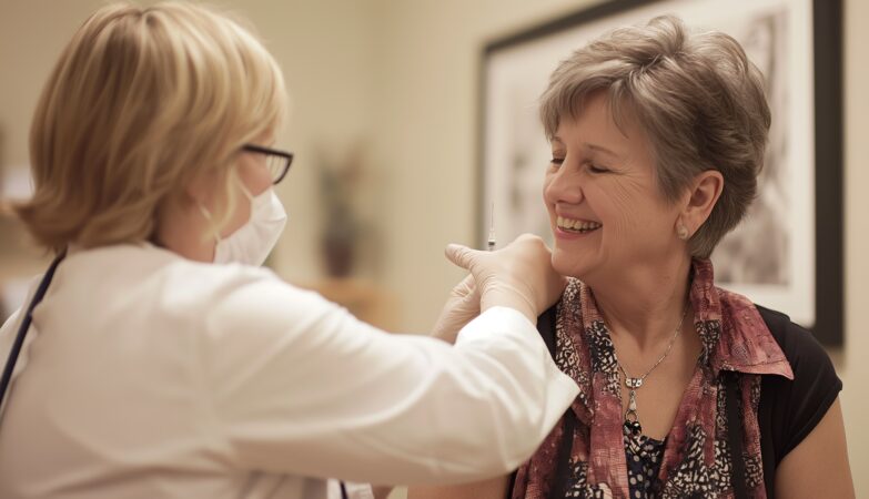 Eine lächelnde ältere Dame erhält von einer freundlichen Pflegefachkraft mit Brille und Schutzhandschuhen eine Impfung, symbolisch für die fürsorglichen und professionellen Dienstleistungen des Pflegedienstes Ahlen