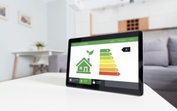 Mobile Energieeffizienz-App auf dem Bildschirm, Öko-Haus