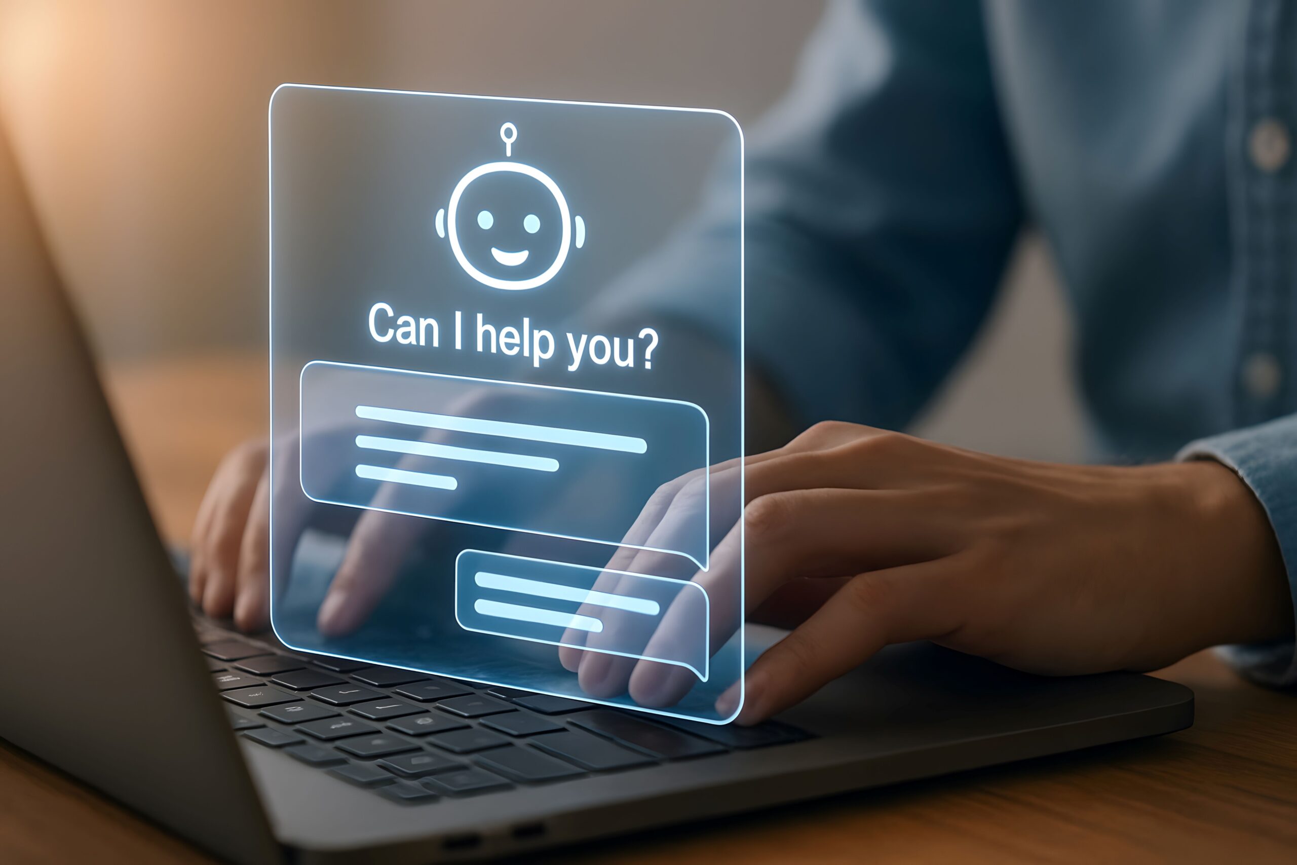 Chatbot mit KI-Lösungen fragt am Laptop: Can I help you?