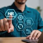 Geschäftsmann tippt auf digitales Interface mit HR Solutions, KI-Lösungen und Automatisierungssymbolen zur Prozessoptimierung im Unternehmen