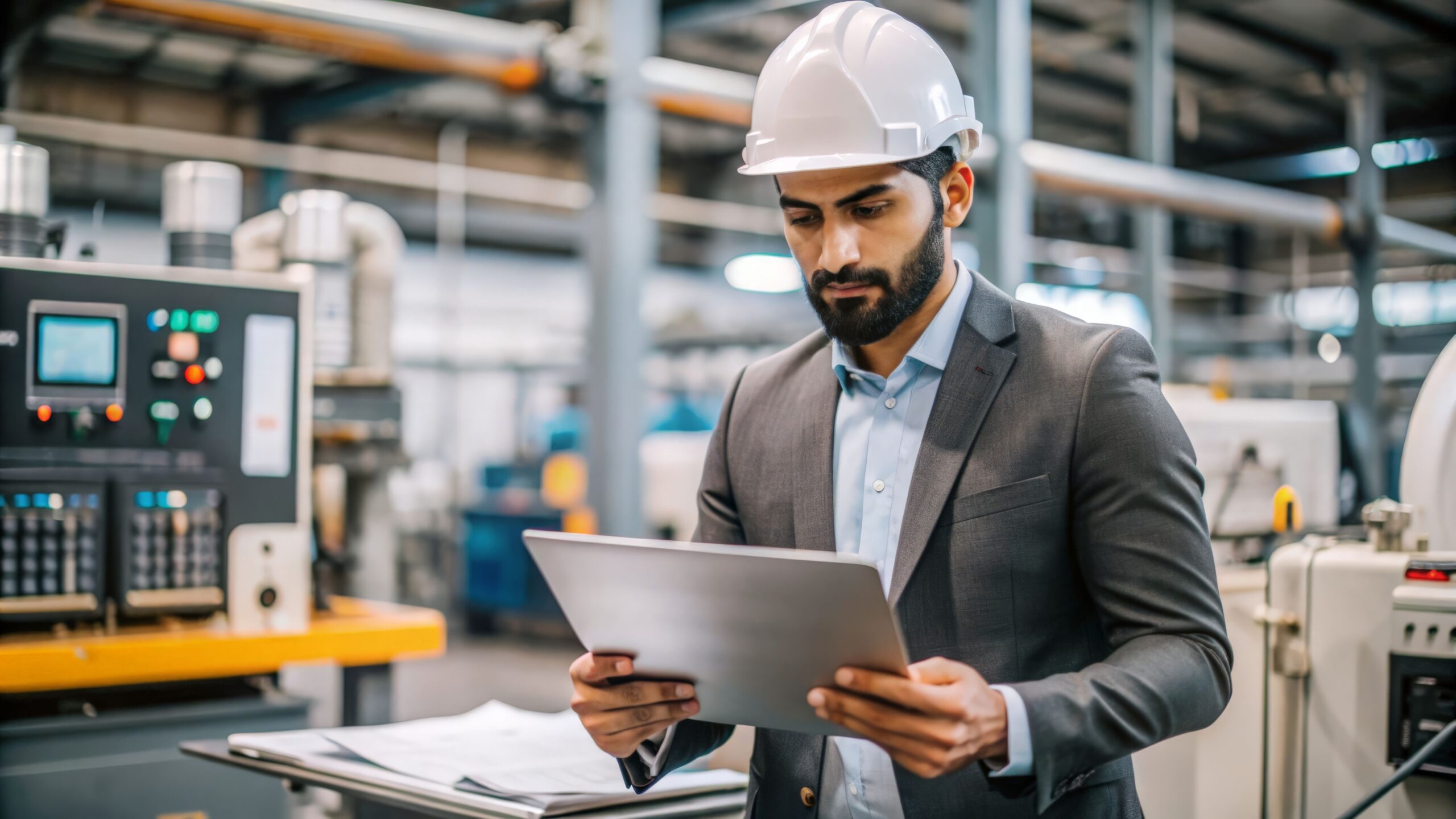 Ingenieur überprüft Produktionsdaten zur Effizienzsteigerung in der Baugruppenmontage in moderner Fertigungshalle