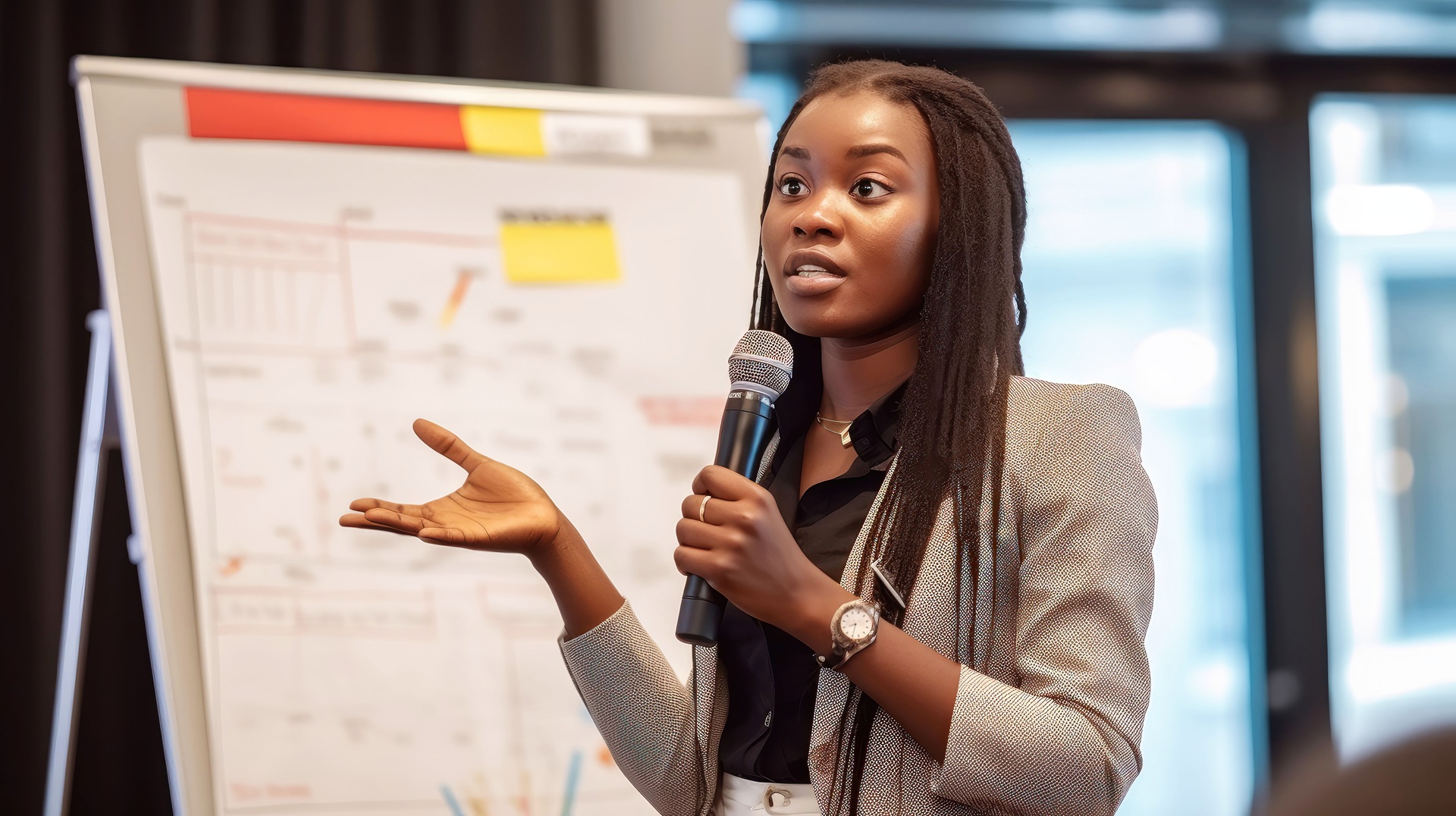 Vortragende Frau spricht bei Pitch-Event mit Mikrofon | Firmenevent Location