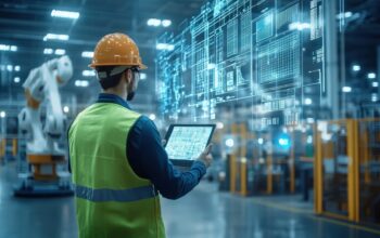 Ingenieur überwacht Produktionsdaten auf digitalem Tablet | Entstauber
