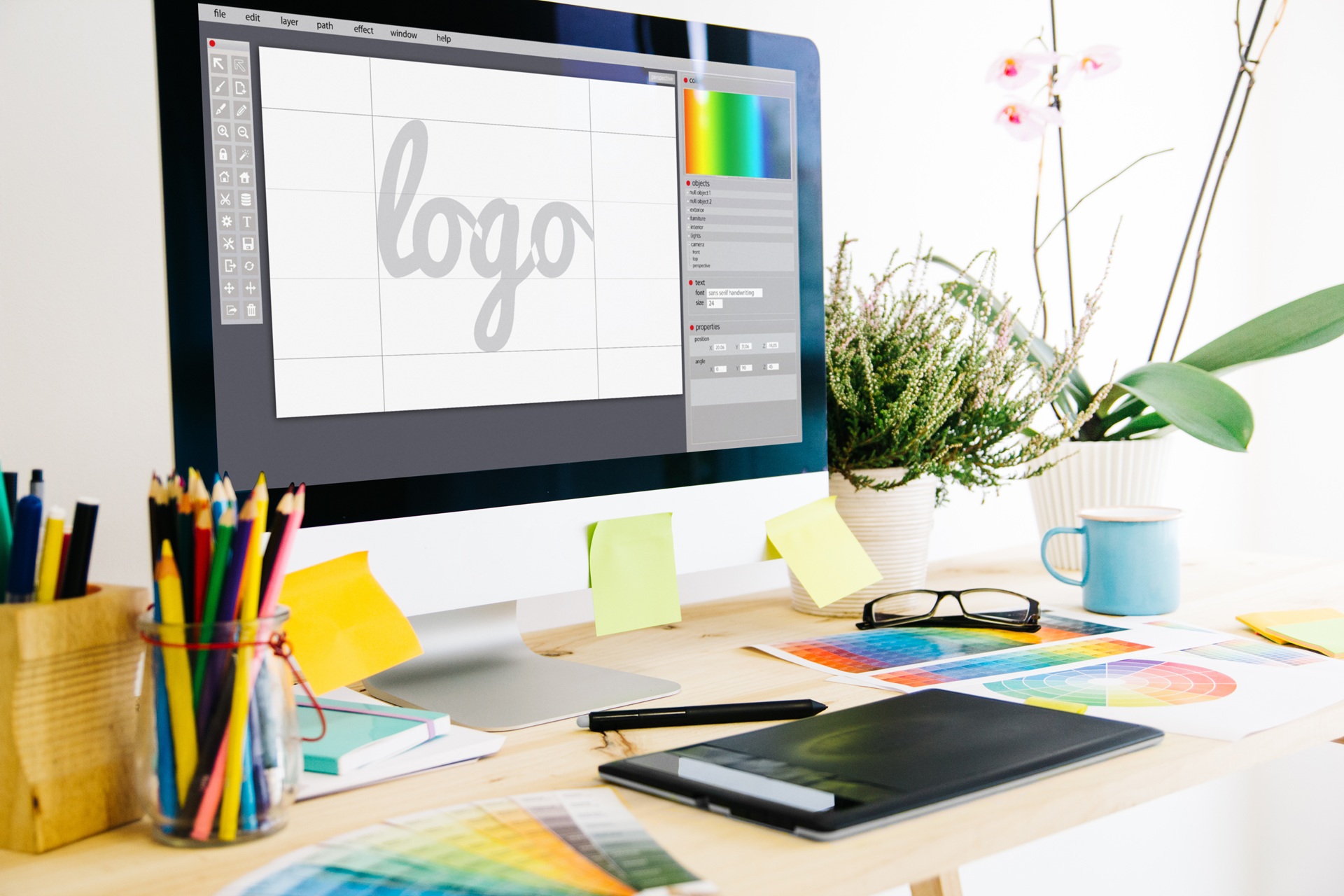 Monitor zeigt Logo-Entwurf im Grafikprogramm | Messewand faltbar