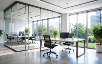 Helles Büro mit Glaswänden und ergonomischer Einrichtung | höhenverstellbar Schreibtisch
