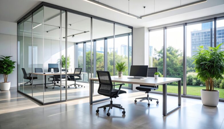 Helles Büro mit Glaswänden und ergonomischer Einrichtung | höhenverstellbar Schreibtisch