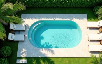 kleiner pool oval in tropischer gartenanlage mit palmen und liegen aus der vogelperspektive