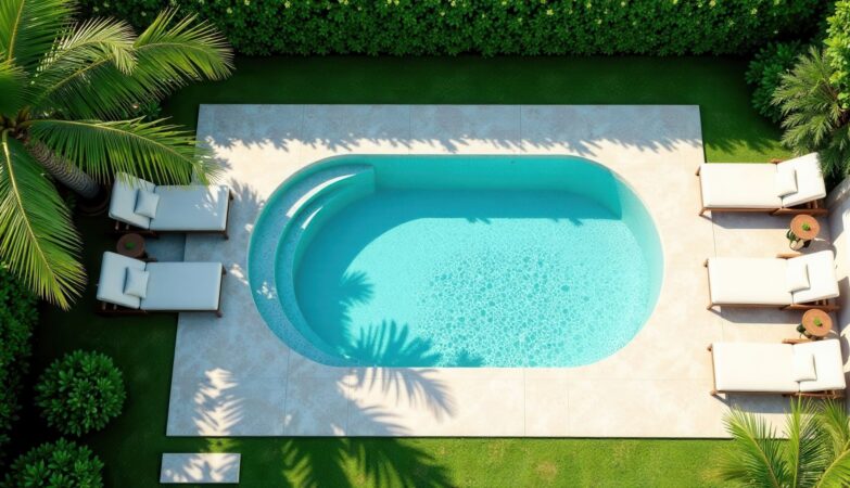 kleiner pool oval in tropischer gartenanlage mit palmen und liegen aus der vogelperspektive