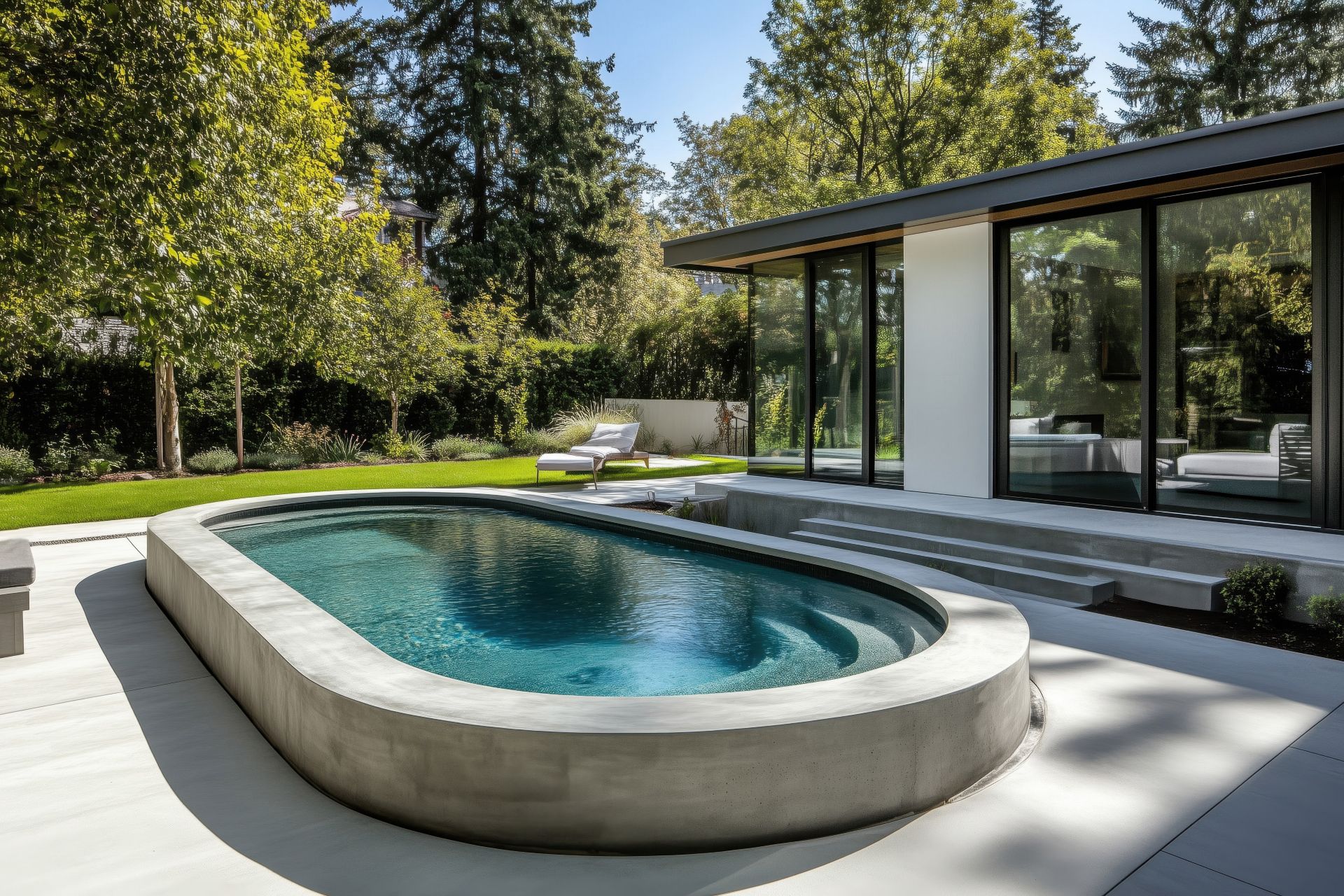 moderner garten mit pool oval vor haus mit grossen fenstern und minimalistischer architektur